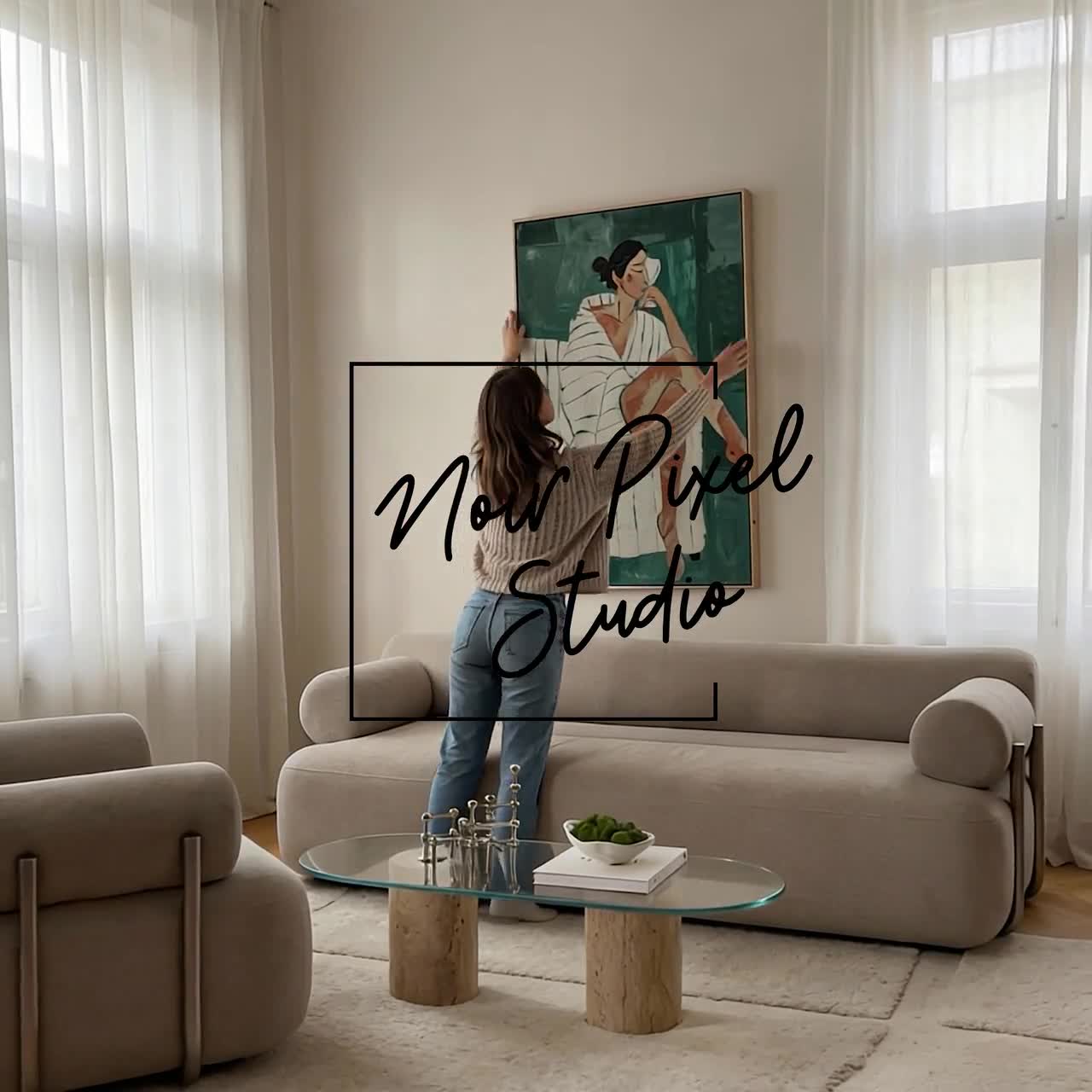 抽象的な女性のポートレートプリント：ボヘミアンストライプドレス